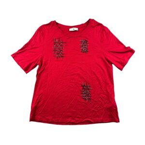 Faik Sönmez Art T-Shirt Women XS Red Beaded Grid Hashtag Design Viscose Workwear